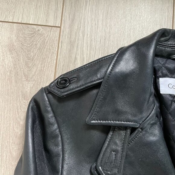 Calvin Klein Genuine Leather Trench Coat Women Small Black Classic Elegant Retro - Picture 5 of 15
